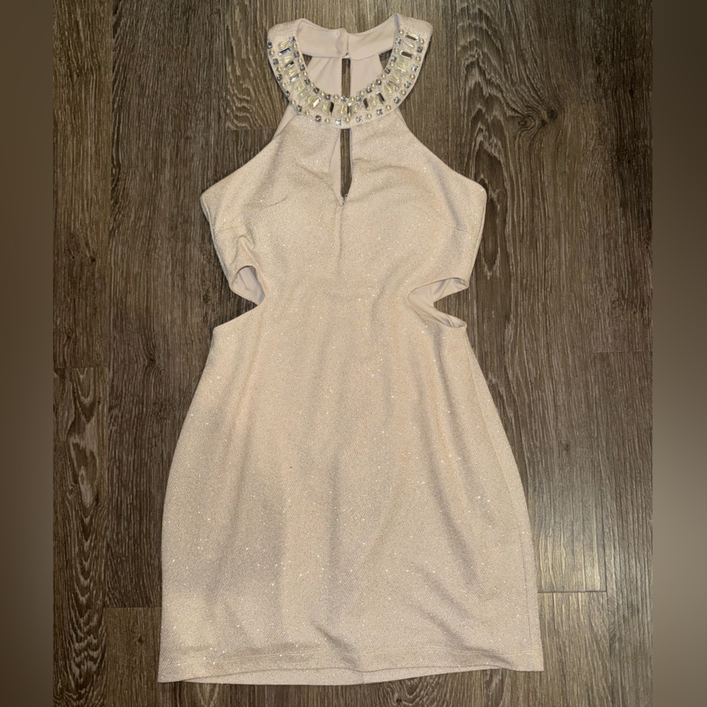 Teeze Me Cream Halter Dress with Embellished Neckline